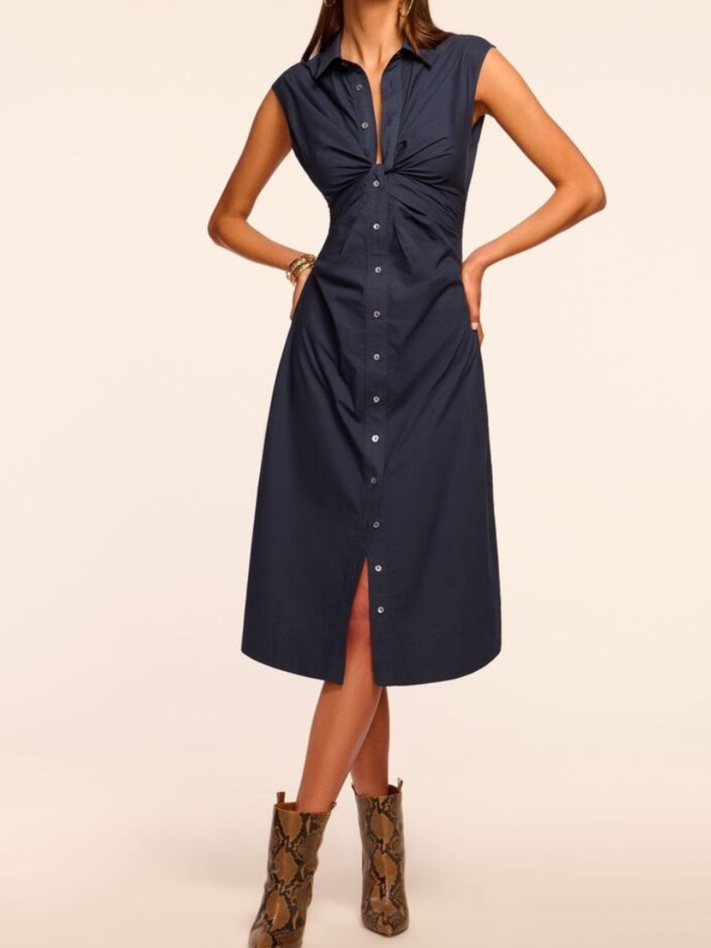 Ramy Brook milhal navy cotton poplin twist front shirt midi dress sz small - Picture 1 of 8